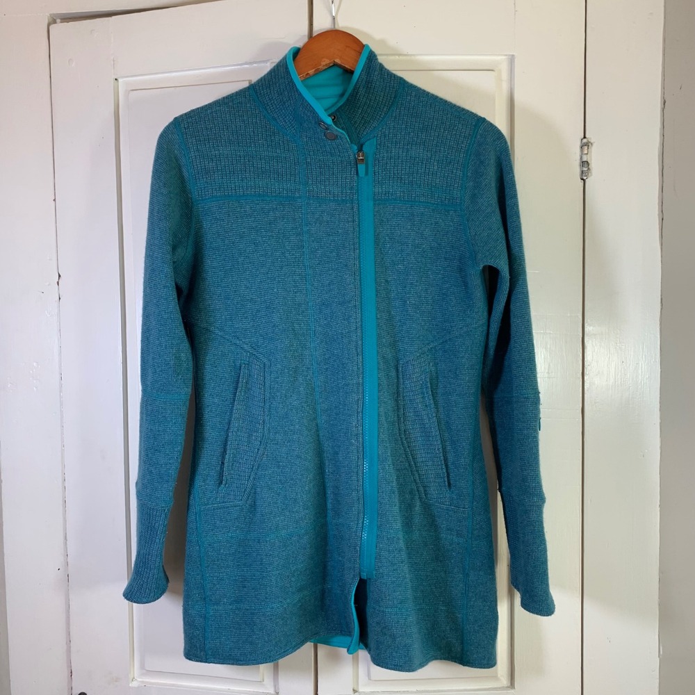 Title Nine Wool Blend Zip Jacket Small Teal Blue Knit‎ Longline Canada Pockets